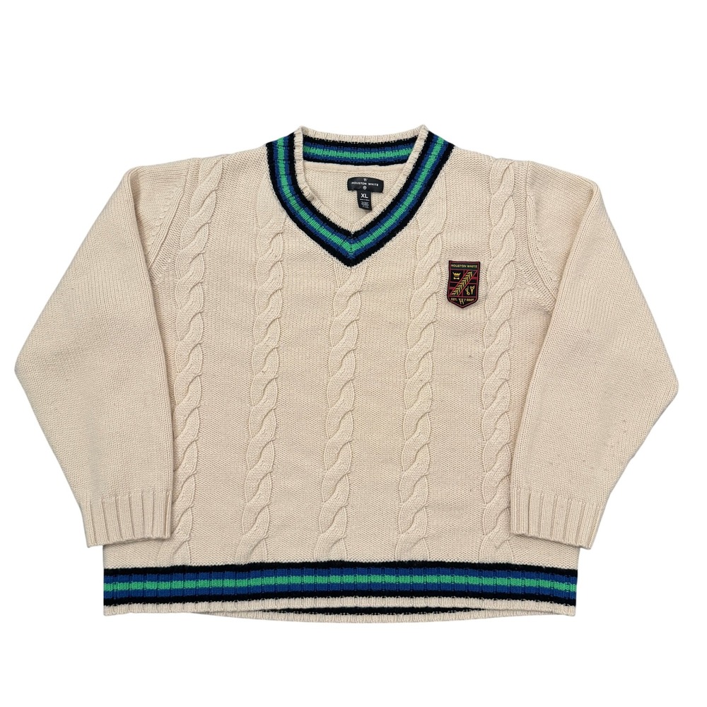 Houston White Mens XL Cable Knit V-Neck Cricket Sweater Cream Blue Green Striped